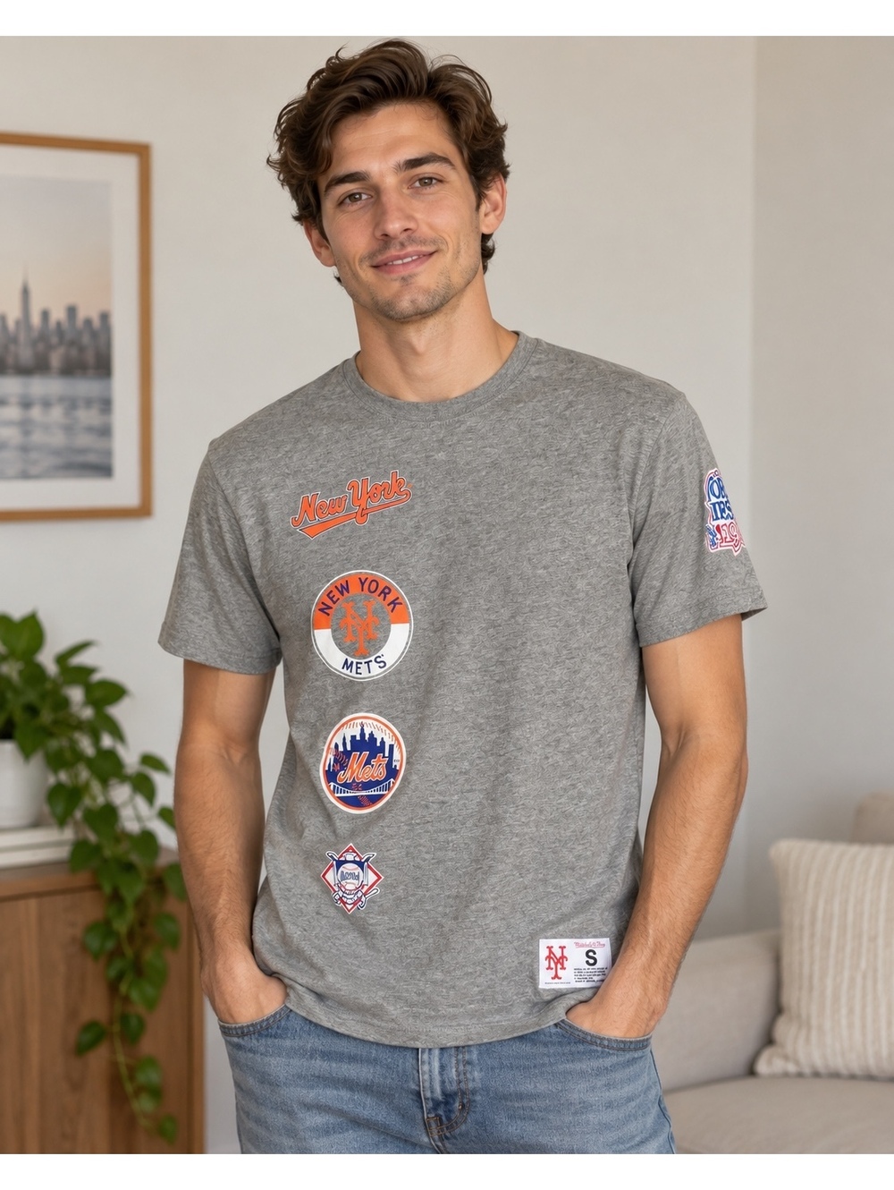 New York Mets Logo T Shirt Mitchell & Ness Gray MLB Graphic Tee Size Small